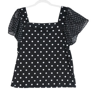 Always Indigo Blouse Womens L Polka Dot Black White Sheer Sleeves Square Neck